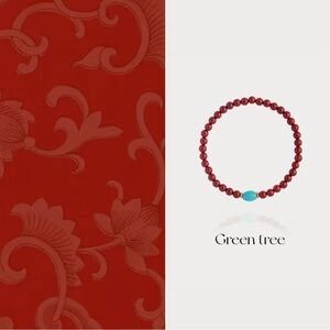 Green Tree Red Beaded Bracelet with Turquoise Accent – Handmade Natural Stone